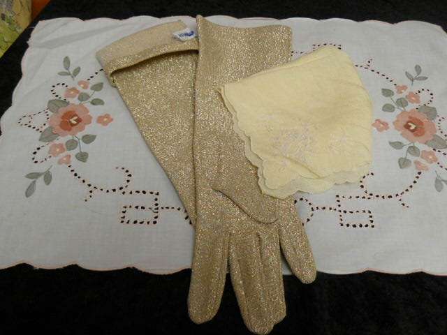 VINTAGE COTTON EMBROIDERED HANKIE...VRTY DELICATE ANF EMBROIDERED AMD A PAIR OF GOLD GLOVES