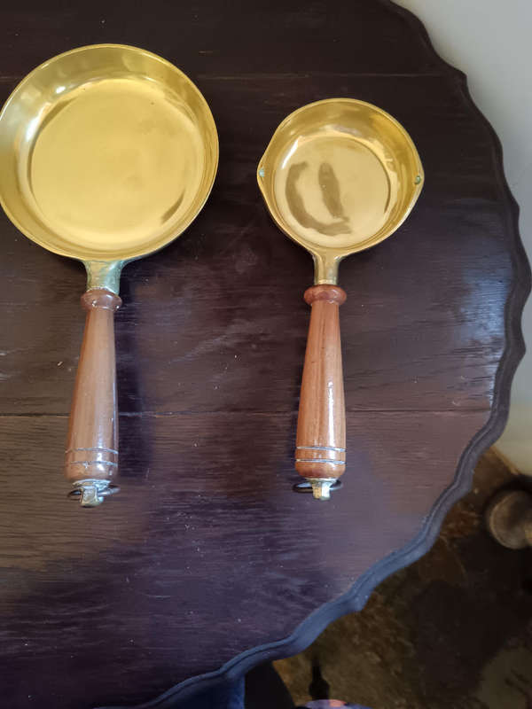 Set of 4 Brass Skillets with Wooden Handles