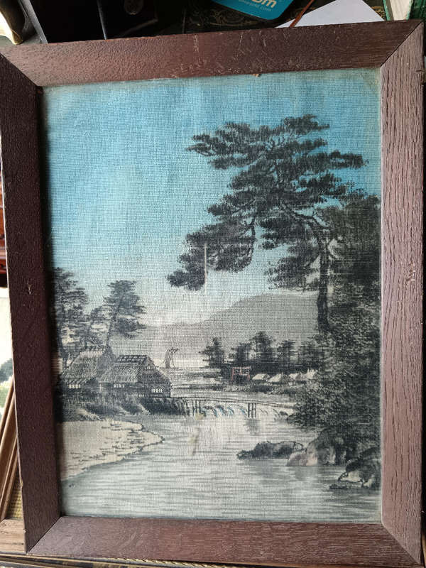 Pair of Vintage Japanese Paintings on Textured Silk Fabric Framed under Glass