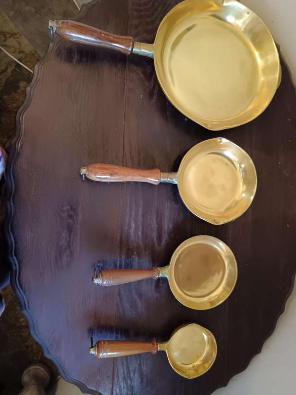 Set of 4 Brass Skillets with Wooden Handles