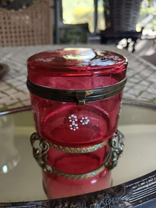 Cranberry Trinket Box Footed with Enamel Flowers C 1800