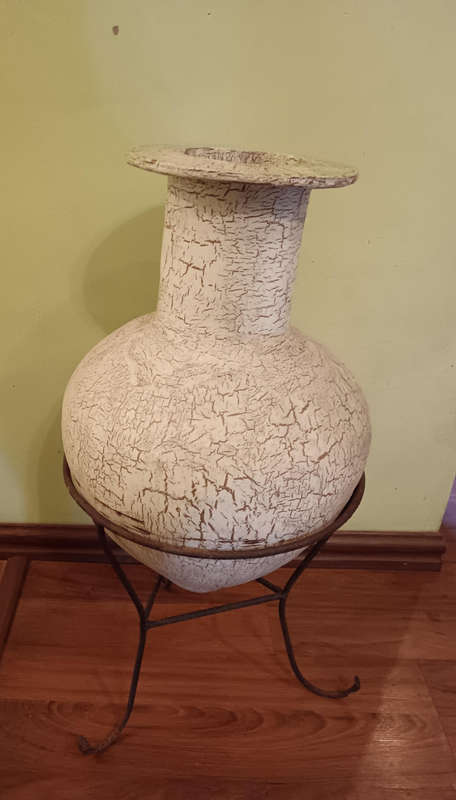 Large Crackle Glaze Vasd/ Pot with Wrought Iron Stand
