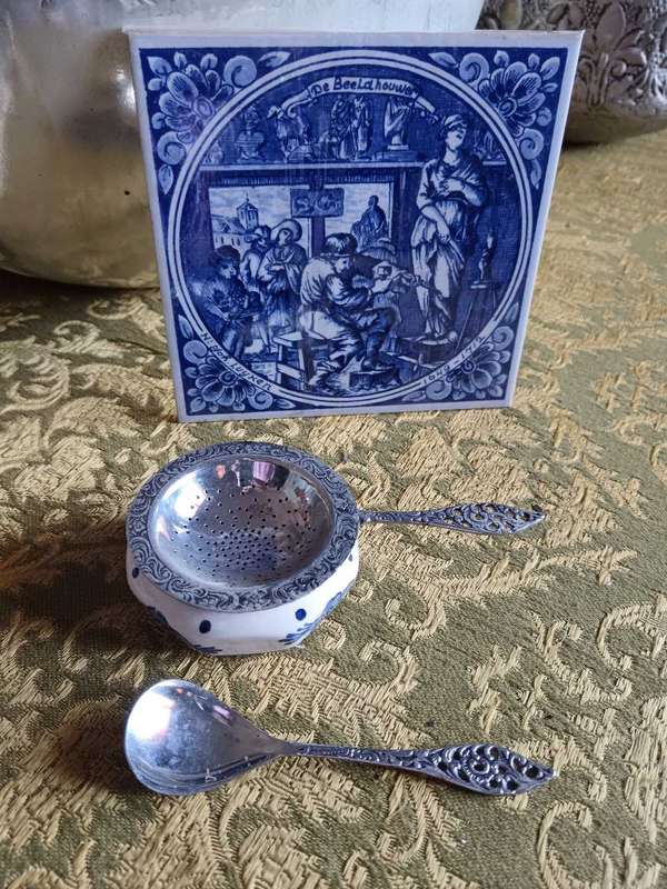 Delft Tile by Jan Luyken C 1951 & Delft Tea Strainer, Holder & Sugar Spoon