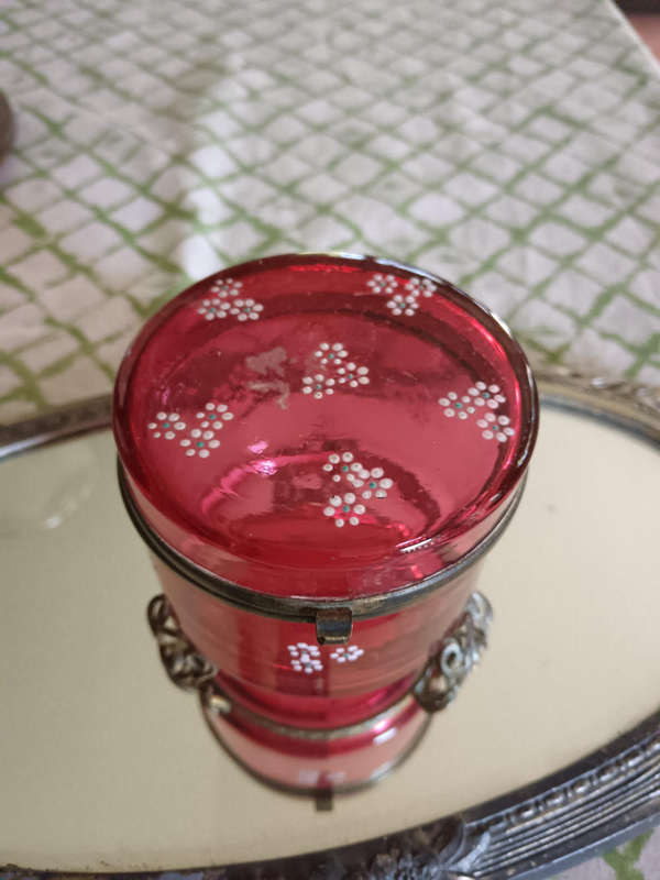 Cranberry Trinket Box Footed with Enamel Flowers C 1800