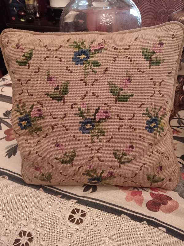 Tapestry cushion with flowers velvet backed