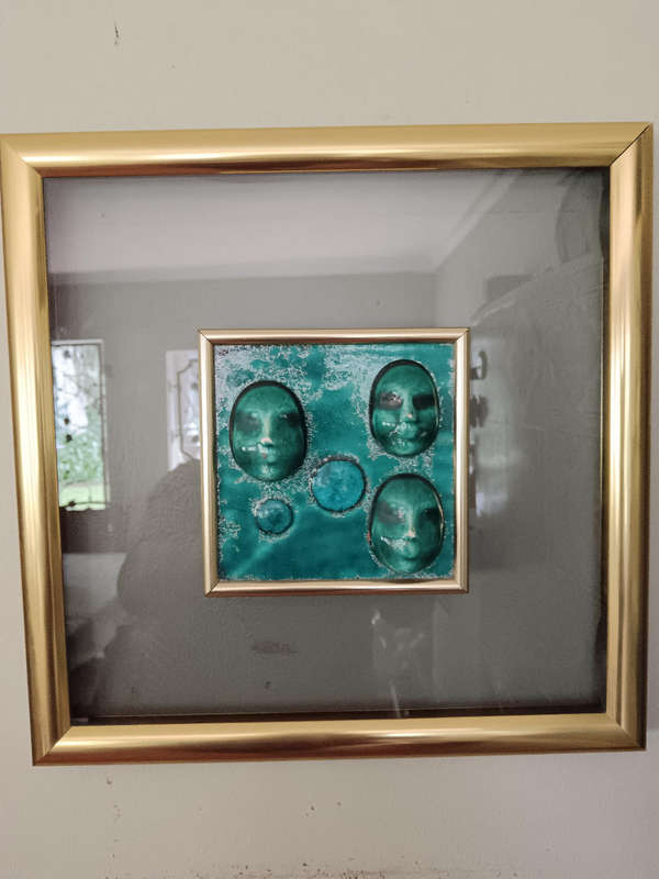 Framed Ceramic Turquoise Face Art in the style of Helmut Schaffenacker