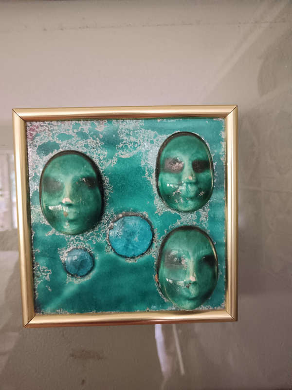 Framed Ceramic Turquoise Face Art in the style of Helmut Schaffenacker