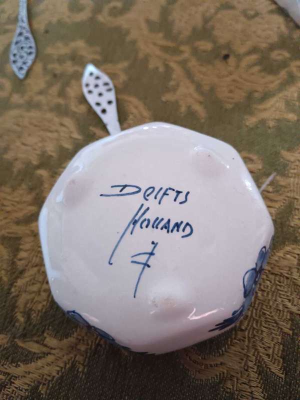 Delft Tile by Jan Luyken C 1951 & Delft Tea Strainer, Holder & Sugar Spoon