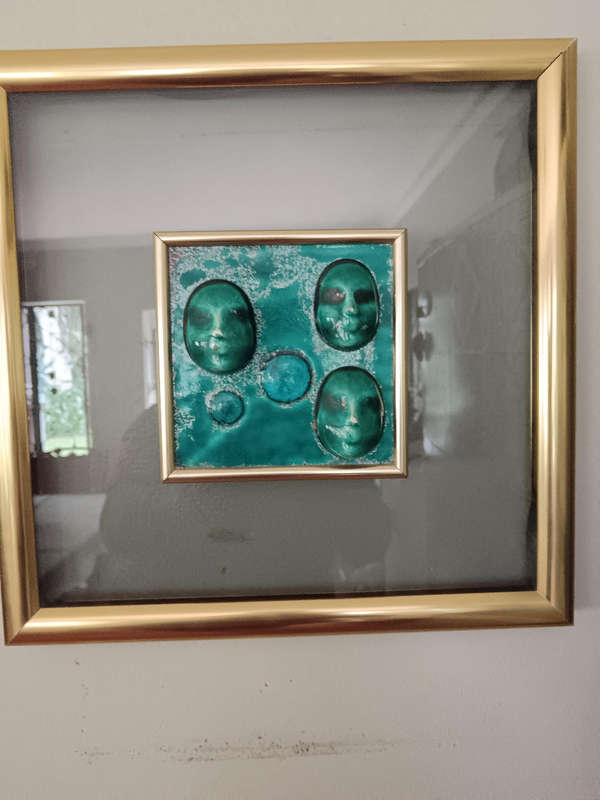 Framed Ceramic Turquoise Face Art in the style of Helmut Schaffenacker