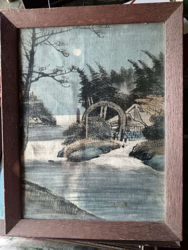 Pair of Vintage Japanese Paintings on Textured Silk Fabric Framed under Glass