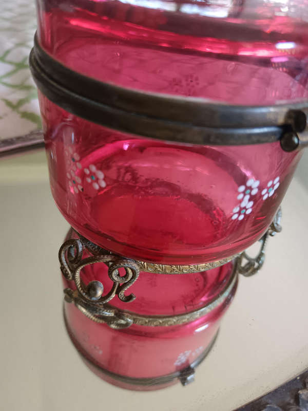 Cranberry Trinket Box Footed with Enamel Flowers C 1800
