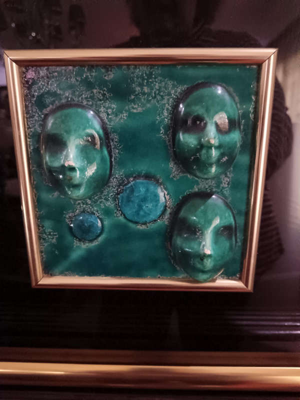 Framed Ceramic Turquoise Face Art in the style of Helmut Schaffenacker