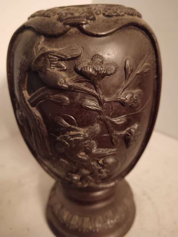 Bronze Chinese Asian Vase with Birds & Blossoms