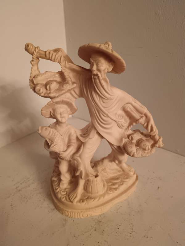 Vintage Chinese Sculpture Statue Fisherman & Boy