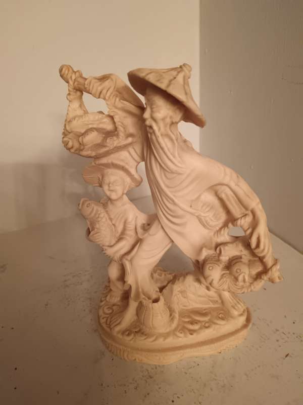 Vintage Chinese Sculpture Statue Fisherman & Boy