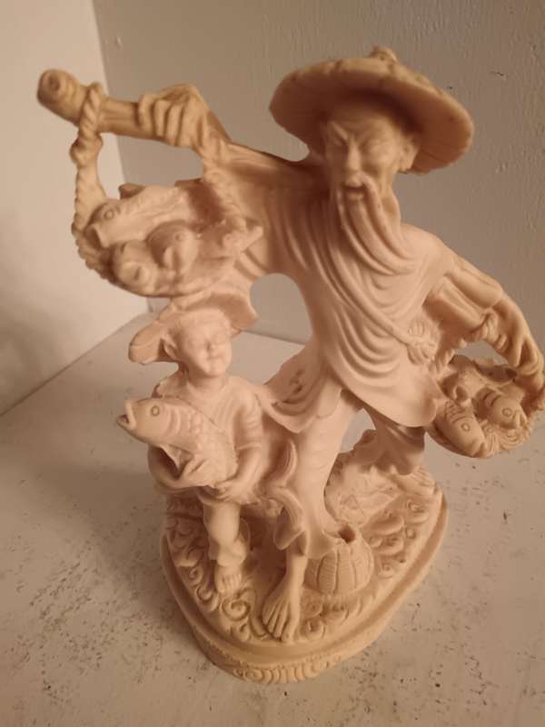 Vintage Chinese Sculpture Statue Fisherman & Boy