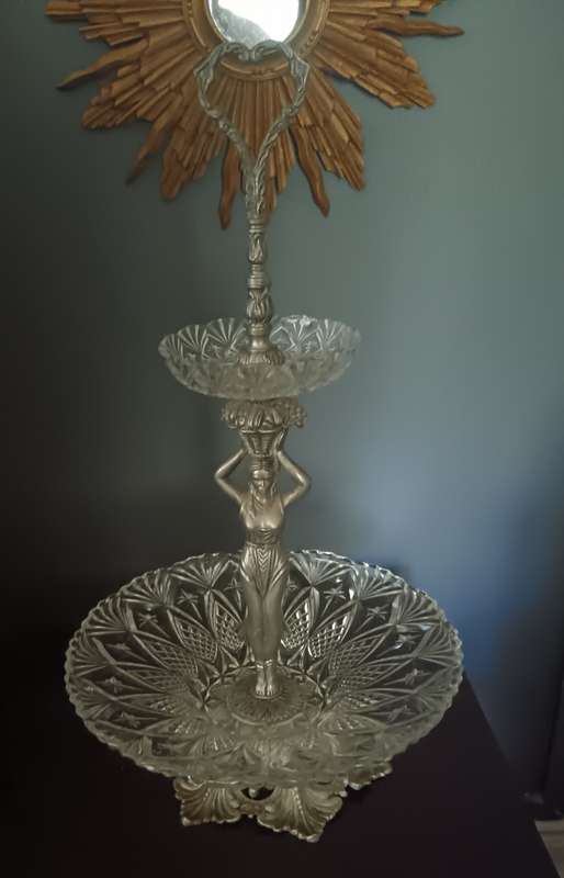 2 Tier Crystal and Metal Cake Stand with Figurine Made in Spain