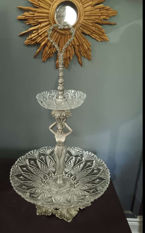 2 Tier Crystal and Metal Cake Stand with Figurine Made in Spain