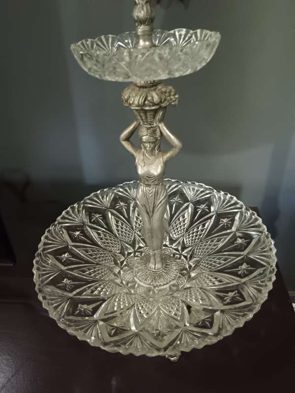 2 Tier Crystal and Metal Cake Stand with Figurine Made in Spain
