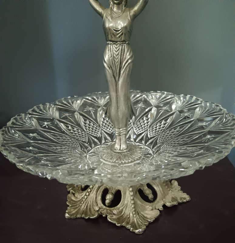 2 Tier Crystal and Metal Cake Stand with Figurine Made in Spain
