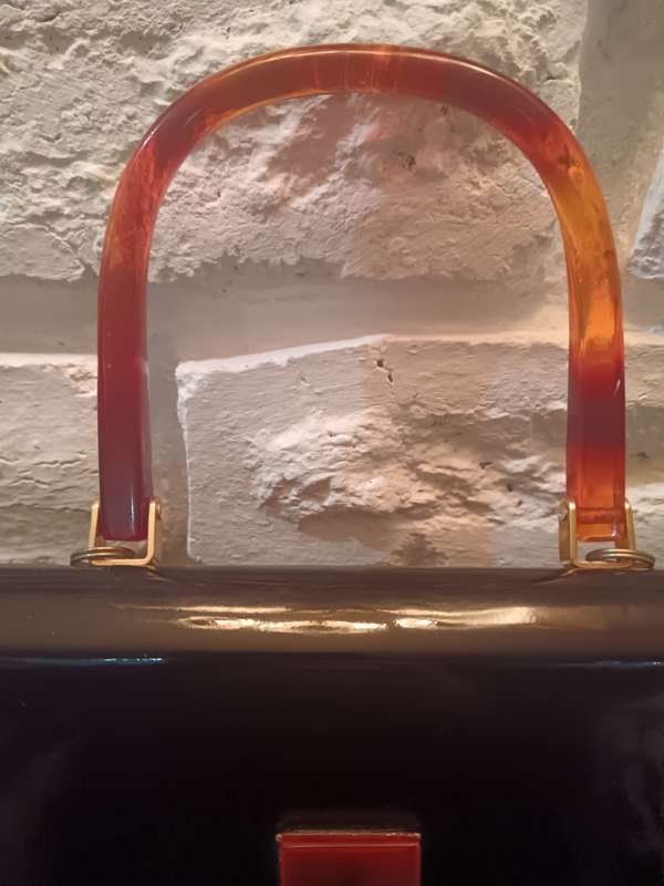 Vintage Patent Leather handbag with Tortoise shell Lucite Handles & Clasp