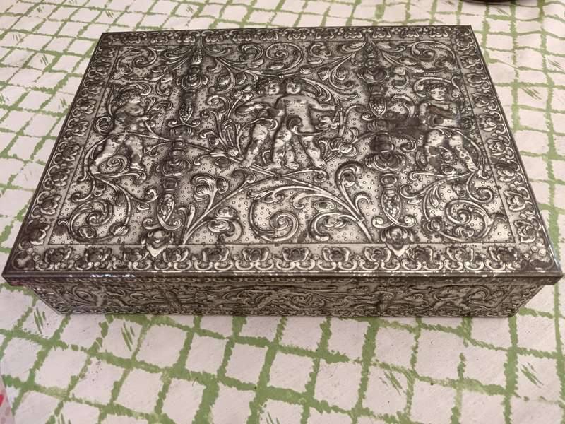 Vintage West German Repousse Cherub Biscuit Tin