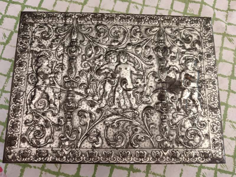 Vintage West German Repousse Cherub Biscuit Tin