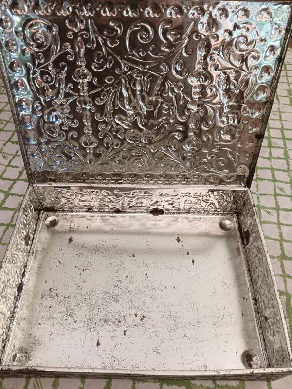 Vintage West German Repousse Cherub Biscuit Tin