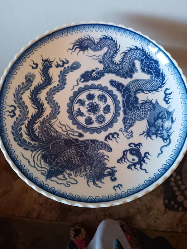 Chinese Vintage Footed Cake Plate decorated in Blue & White with Dragons