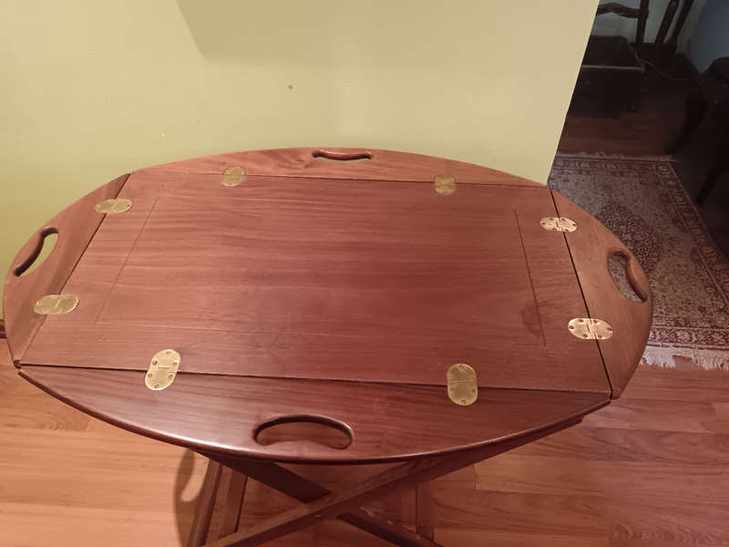 Authentic Mahogany Butlers Tray with Brass Hindged Handles & Sides on a Fold Up Stand
