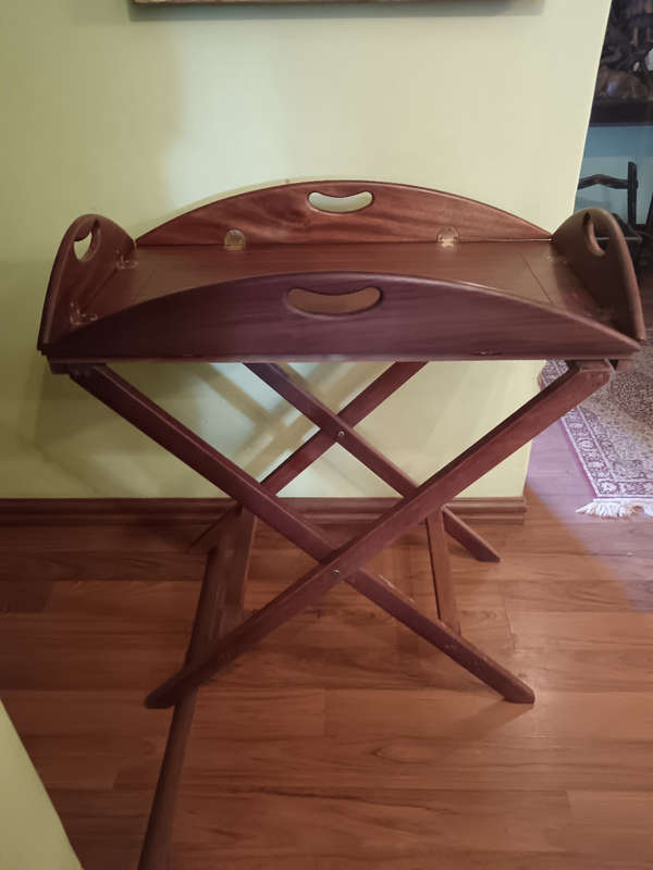 Authentic Mahogany Butlers Tray with Brass Hindged Handles & Sides on a Fold Up Stand