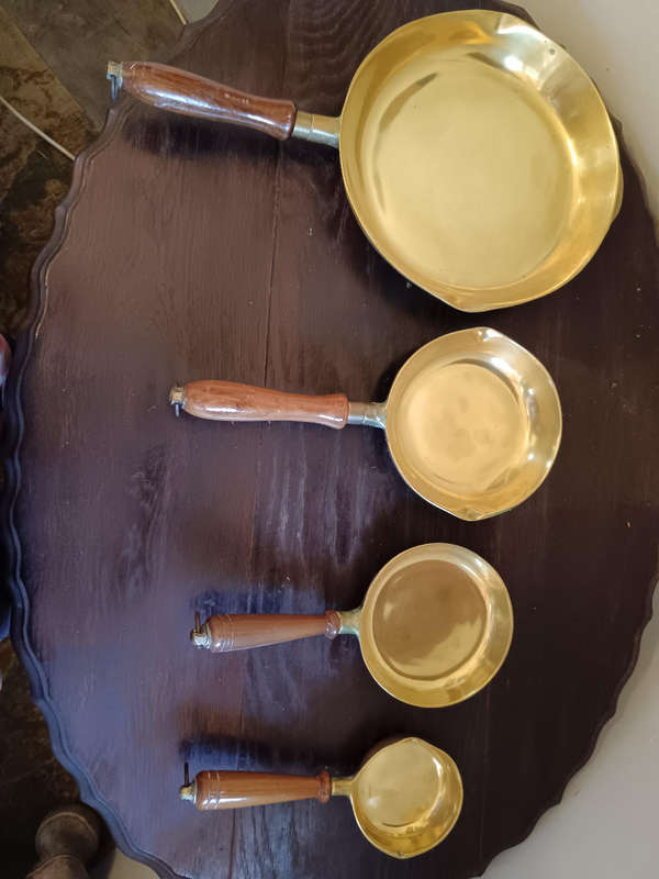 Set of 4 Brass Skillets with Wooden Handles
