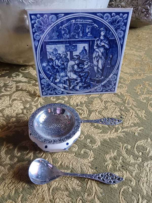 Delft Tile by Jan Luyken C 1951 & Delft Tea Strainer, Holder & Sugar Spoon