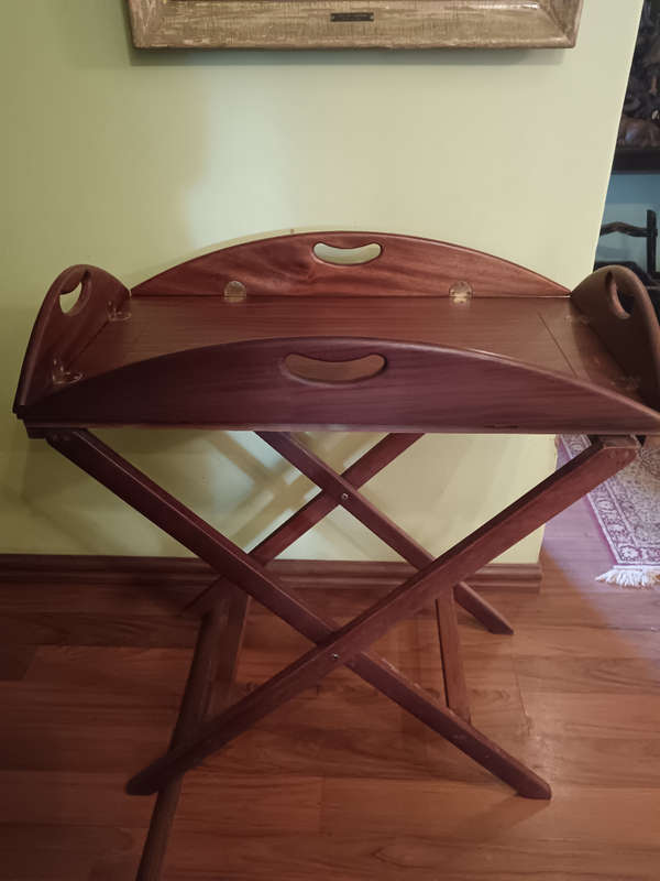 Authentic Mahogany Butlers Tray with Brass Hindged Handles & Sides on a Fold Up Stand