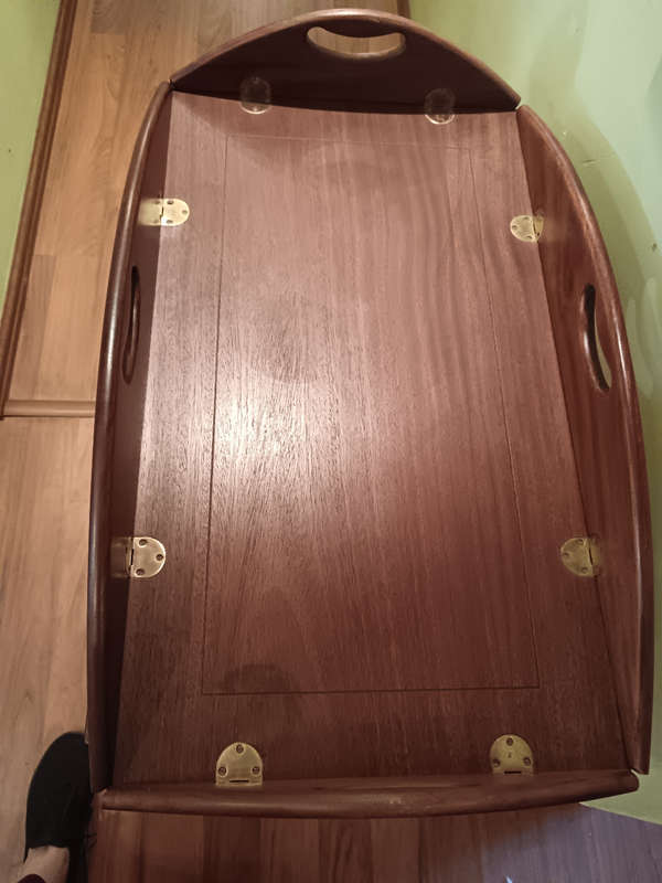 Authentic Mahogany Butlers Tray with Brass Hindged Handles & Sides on a Fold Up Stand