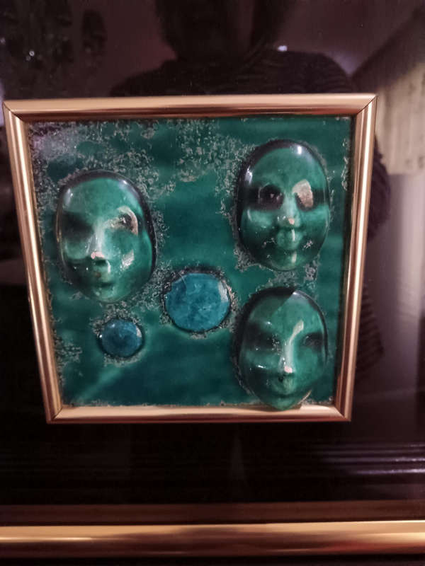 Framed Ceramic Turquoise Face Art in the style of Helmut Schaffenacker