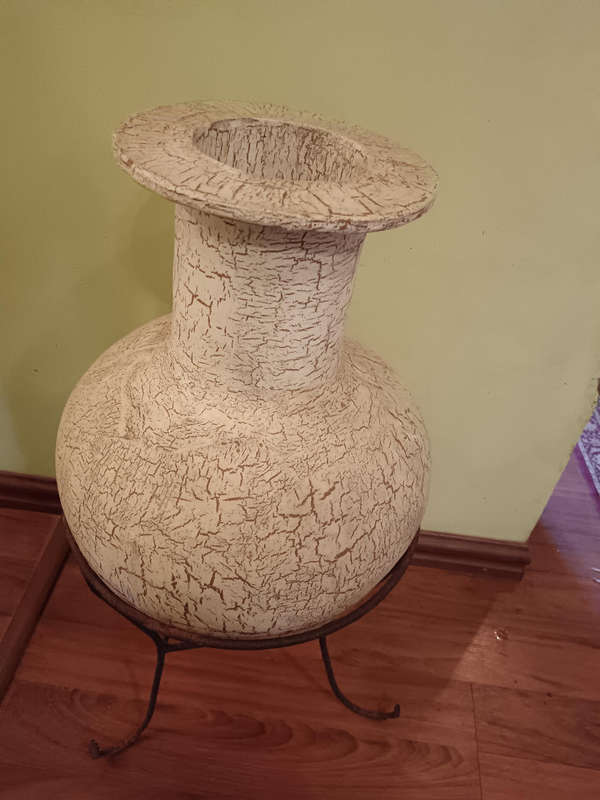 Large Crackle Glaze Vasd/ Pot with Wrought Iron Stand