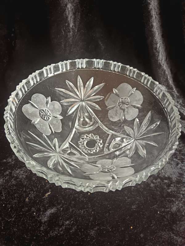 Lead Crystal Hand Cut and Frosted flower Footed Bowl
