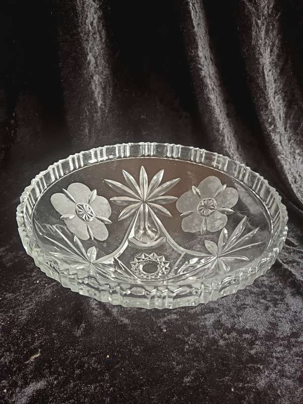 Lead Crystal Hand Cut and Frosted flower Footed Bowl