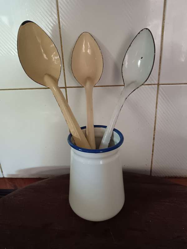 Set of Enamel Spoons with Holder