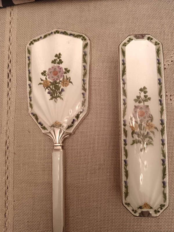 Art deco Silver Hallmarked Guilloche Enamel Mirror & Brush Set