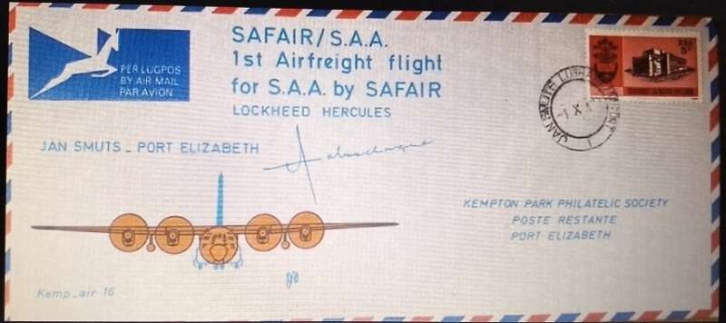 SAA /SAFAIR FIRST AIRFREIGHT FLIGHT LOCKHEAD HERCULES JHB -PORT ELIZABETH 1974