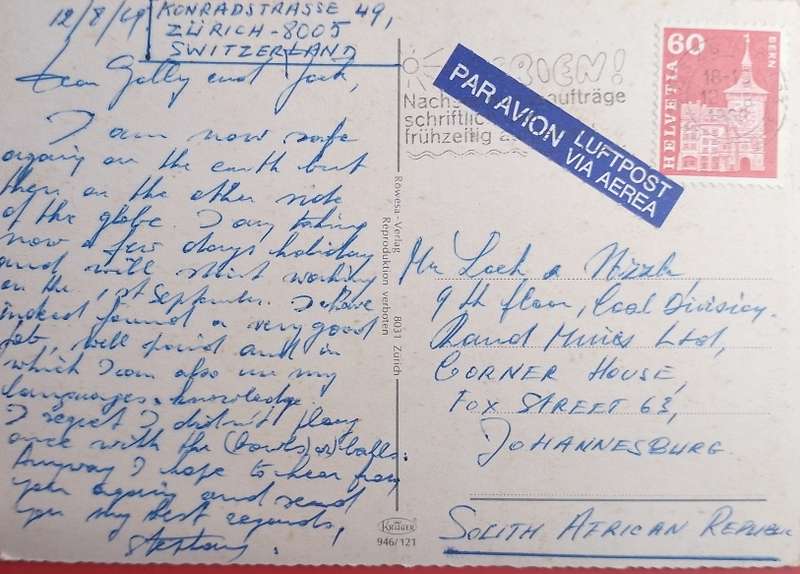 POST CARD OF ZURICH 1969