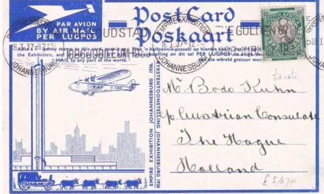 SOUTH AFRICA 1937 JIPEX exhibition card ADDRESSED TO HOLLAND