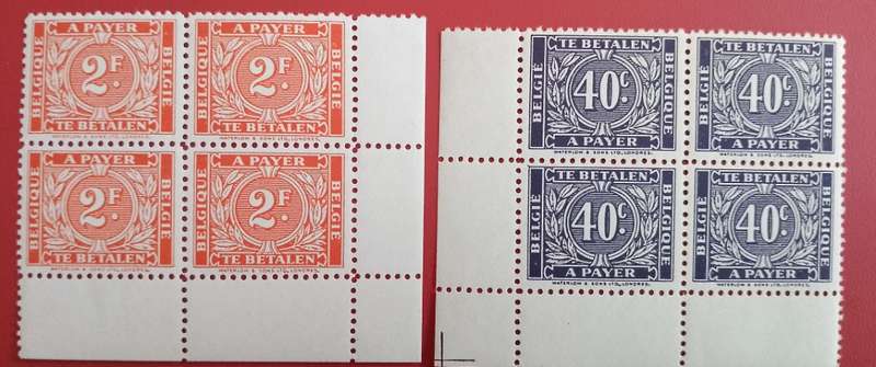 BELGIUM BLOCK OF 4 POSTAGE DUE -A PAYER TE BETALEN 40C AND 2 F -MNH