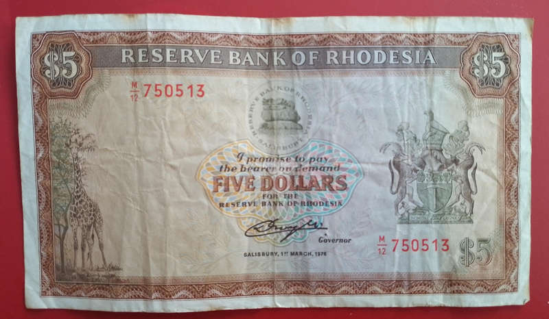 Rhodesia 1976 $5 dollar note