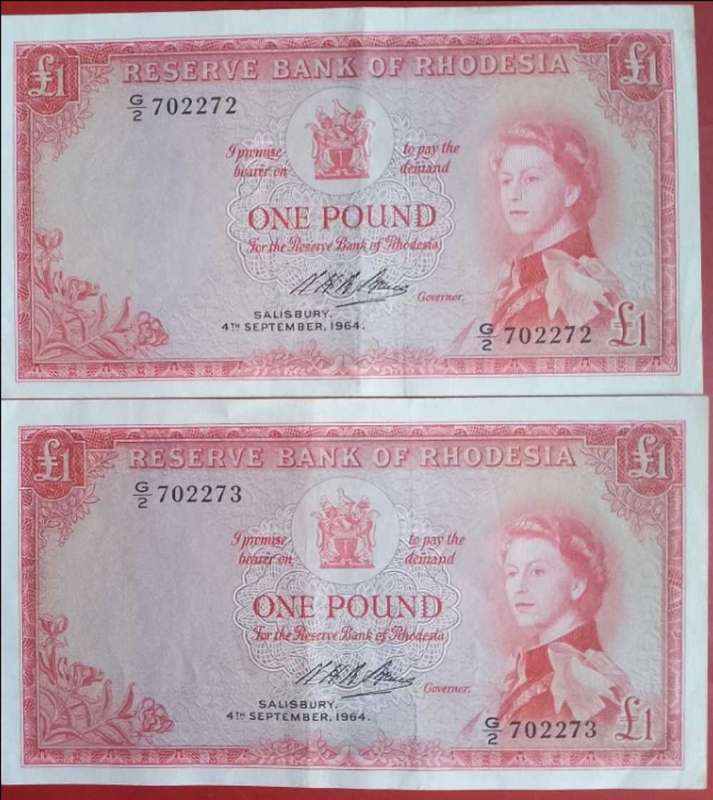 RHODESIA 1 POUND BANK NOTE X2 CONSECUTIVE NUMBERS VF VERY SCARCE SEPTEMBER 1964