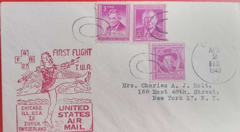 FIRST TWA FLIGHT CHICAGO-ZURICH 1949 BACK STAMPED ZURICH-SCARCE