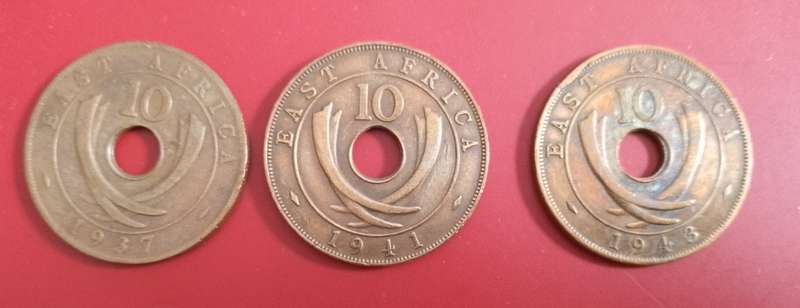 British East Africa 10 CENT COINS X3-1937/41/43