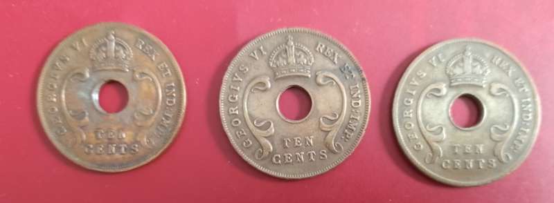 British East Africa 10 CENT COINS X3-1937/41/43